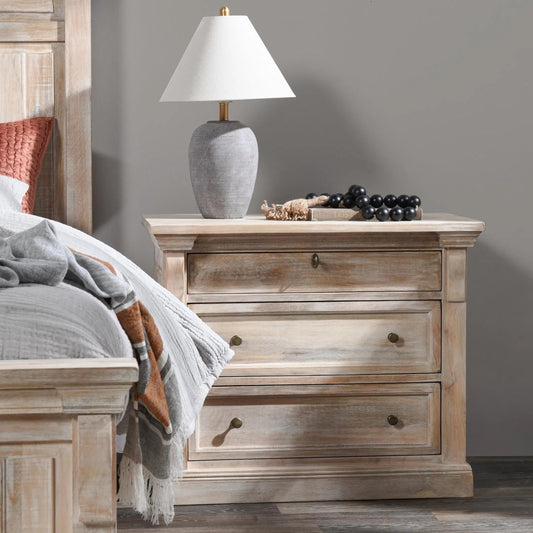 Adelaide Three-Door Mango Wood Nightstand by Classic Home in white wash. Made from mango wood in a transitional style.