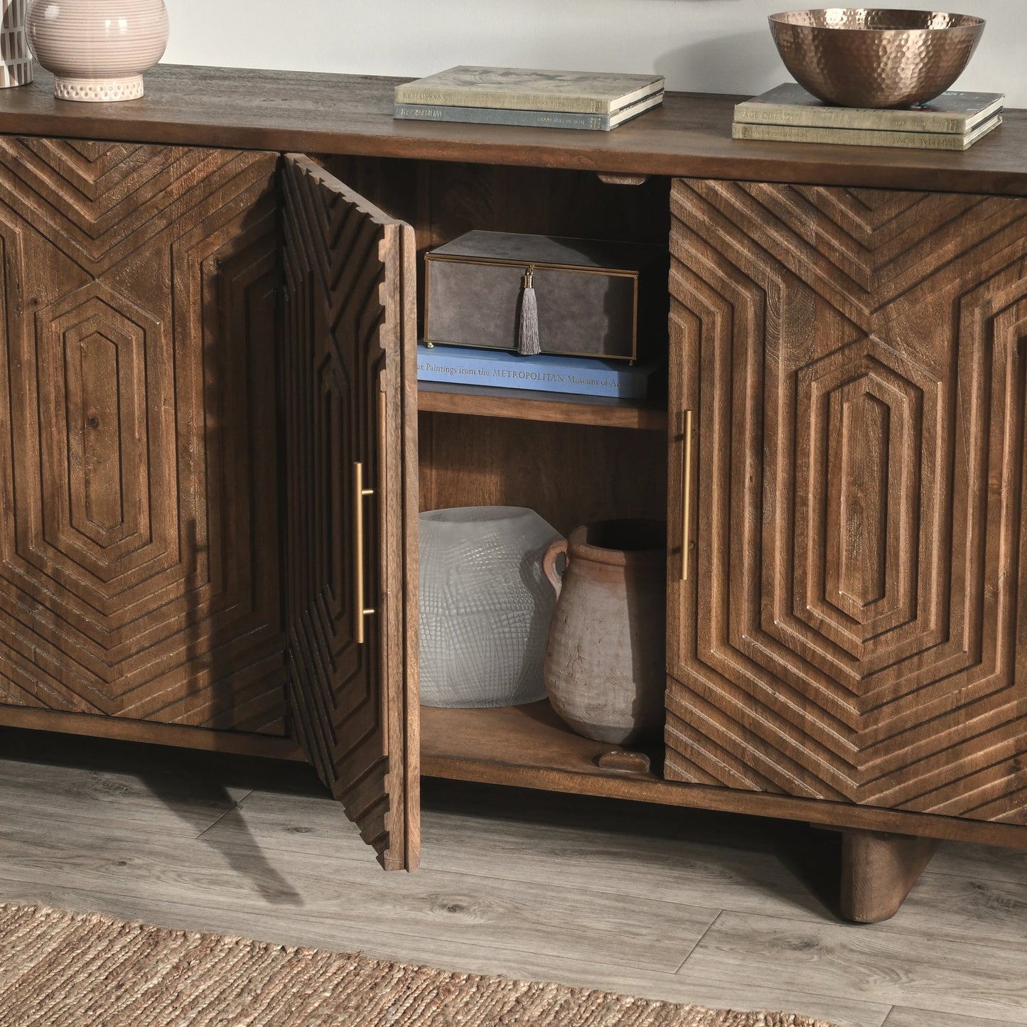 008 SI-2160304 | Closeup | Holmes Four Door Mango Wood Sideboard by Classic Home in brown. Made from mango wood in a modern style.