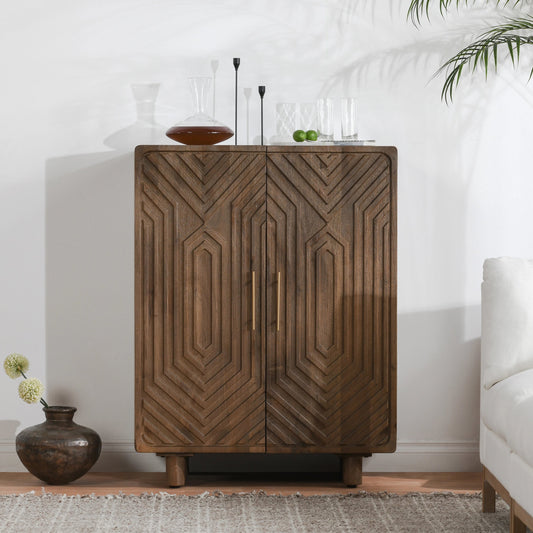 Holmes Mango Wood Carved Bar Cabinet by Classic Home in brown. Made from mango wood in a modern style.