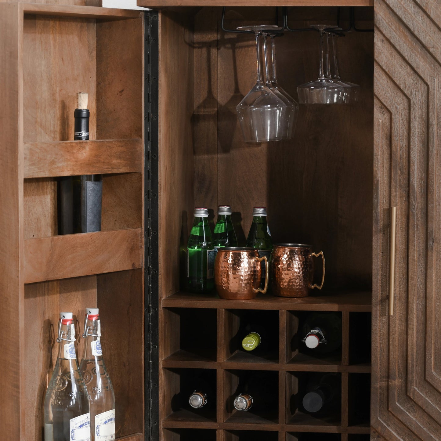 011 SI-2160305 | Lifestyle | Holmes Mango Wood Carved Bar Cabinet by Classic Home in brown. Made from mango wood in a modern style.