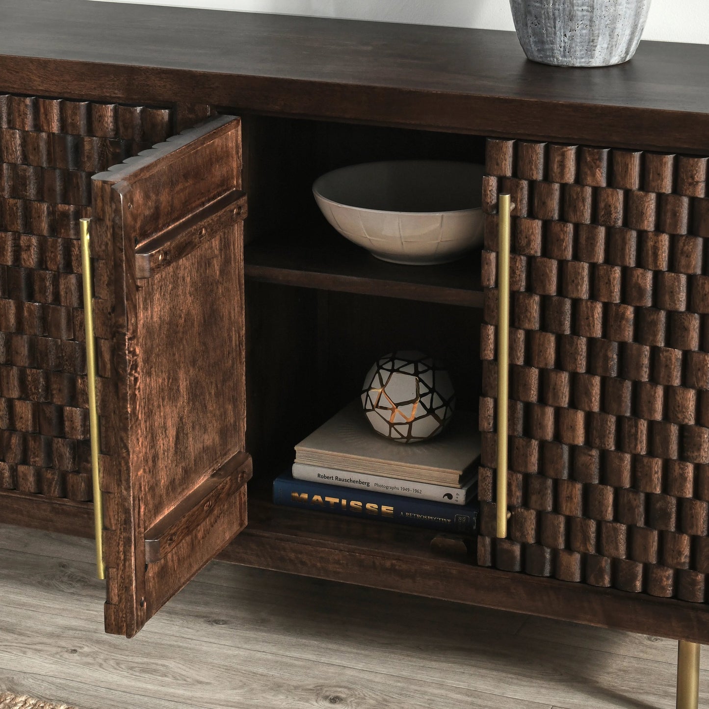 006 SI-2078752 | Closeup | Norwood 4 Door Sideboard by Classic Home in brown. Made from mango wood with iron pull handles in a transitional style.