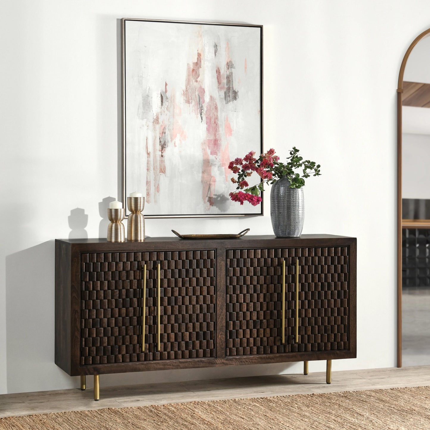 011 SI-2078752 | Lifestyle | Norwood 4 Door Sideboard by Classic Home in brown. Made from mango wood with iron pull handles in a transitional style.