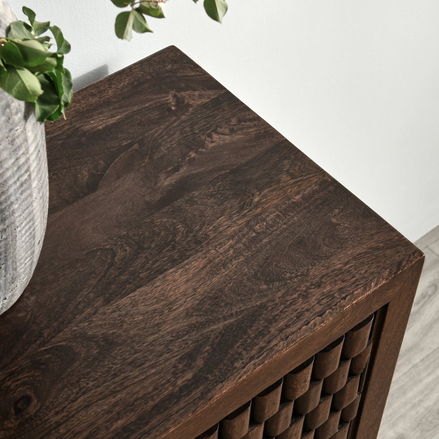 011 SI-2078752 | Closeup | Norwood 4 Door Sideboard by Classic Home in brown. Made from mango wood with iron pull handles in a transitional style.
