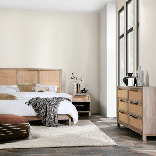 Jensen Six-Drawer Mango Wood Dresser by Classic Home in light brown. Made from mango wood, cane in a cottage & farmhouse style.