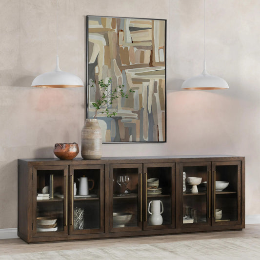 Bradley 108" Oak Wood Buffet Sideboard by Classic Home in cocoa brown. Made from oak wood, tempered glass in a traditional style.