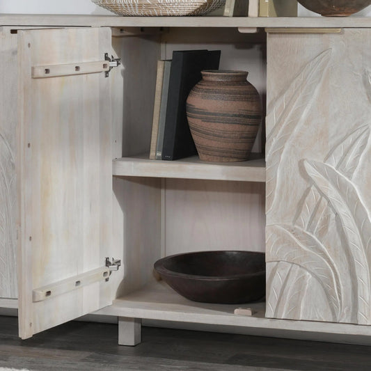 Ledro 82" Solid Wood Buffet Sideboard by Classic Home in white wash. Made from mango wood in a transitional style.