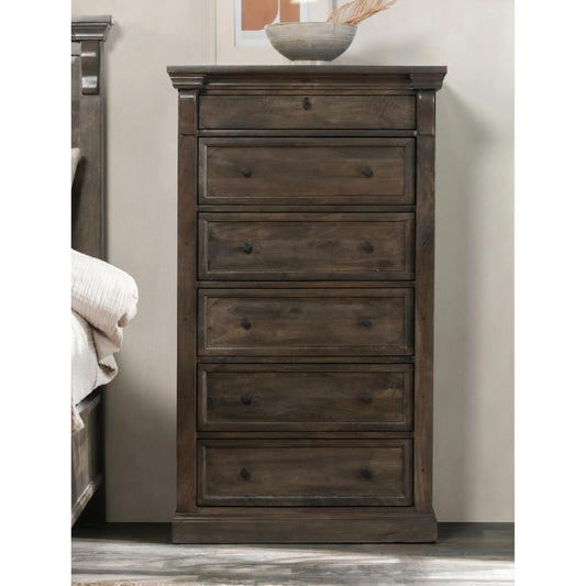 Adelaide Six-Drawer Mango Wood Chest Dresser by Classic Home in cocoa brown. Made from mango wood in a traditional style.