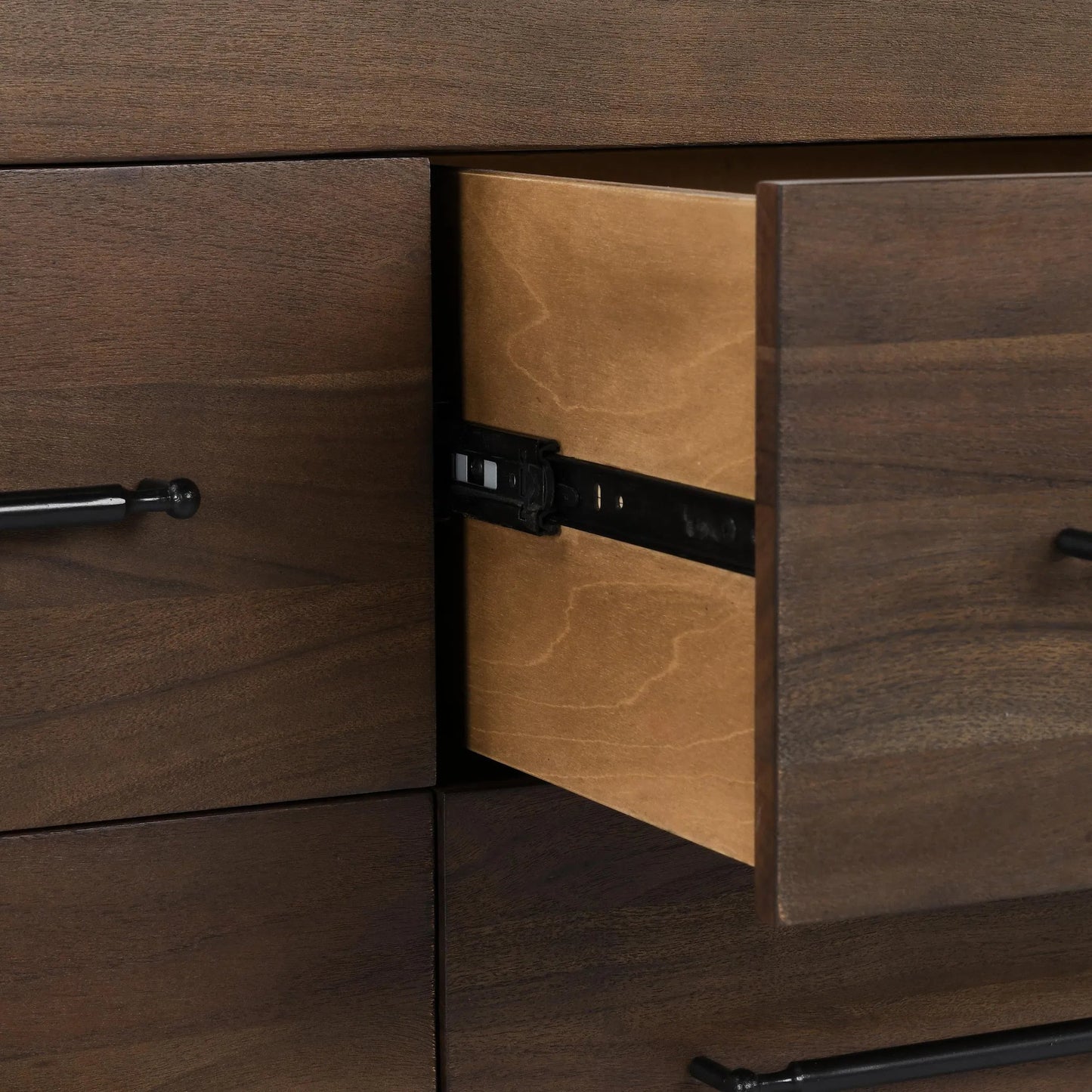 007 SI-2238868 | Closeup | Jaxon Nine-Drawer Acacia Wood Dresser by Classic Home in cocoa brown. Made from acacia wood in a traditional style.