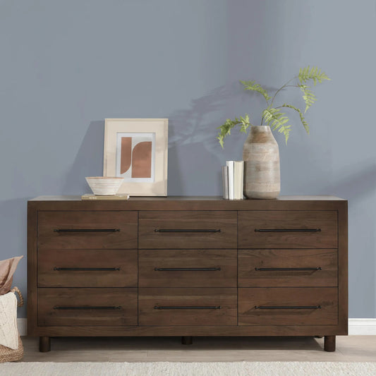 Jaxon Nine-Drawer Acacia Wood Dresser by Classic Home in cocoa brown. Made from acacia wood in a traditional style.