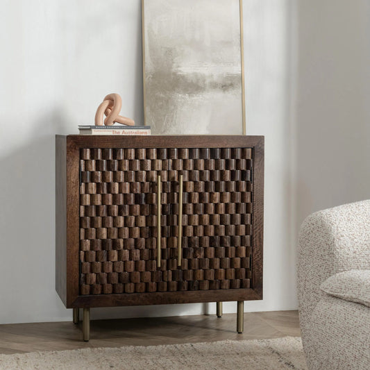 Norwood 2-Door Mango Wood Cabinet by Classic Home in dark brown. Made from mango wood in a traditional style.