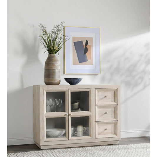 Isha Mango Wood Cabinet by Classic Home in whitewash. Made from mango wood, tempered glass in a transitional style.