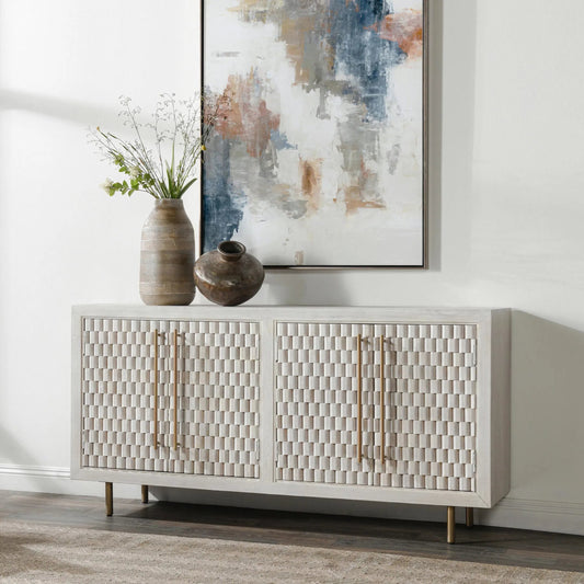 Norwood 4-Door Mango Wood Buffet Sideboard by Classic Home in white wash. Made from mango wood, iron in a transitional style.