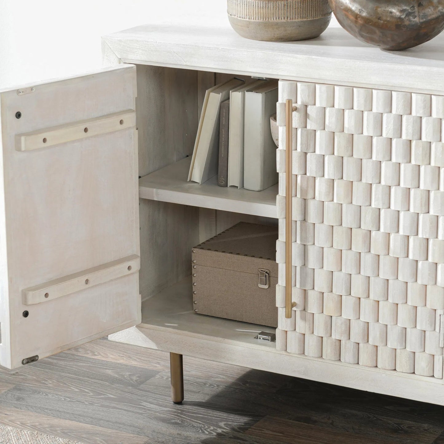 010 SI-2249249 | Closeup | Norwood 4-Door Mango Wood Buffet Sideboard by Classic Home in white wash. Made from mango wood, iron in a unique style.