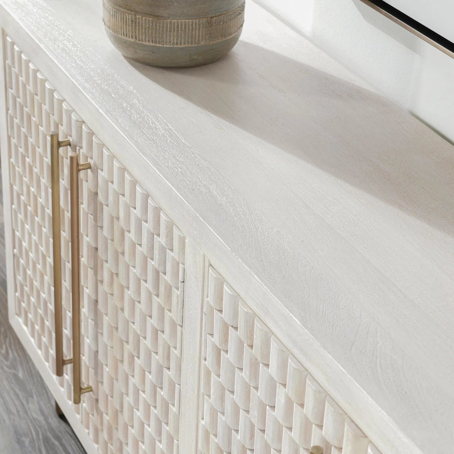 011 SI-2249249 | Closeup | Norwood 4-Door Mango Wood Buffet Sideboard by Classic Home in white wash. Made from mango wood, iron in a unique style.