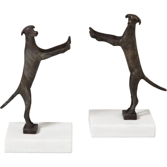 En Retriever Bookends by Global Views. Made from brass, white marble in a eclectic & global style.