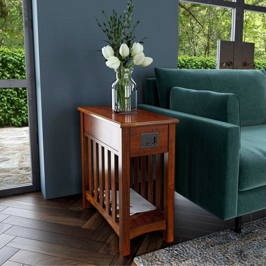 Larina Side Table by Butler Specialty Company in light brown and olive ash. Made from rubberwood solids, birch veneers, mdf, steel, antique dark bronze finish in a modern style.