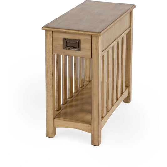 Larina Shaker Wood Side Table by Butler Specialty Company in dark brown and cherry. Made from rubberwood solids, birch veneers, mdf, steel, antique dark bronze finish in a modern style.