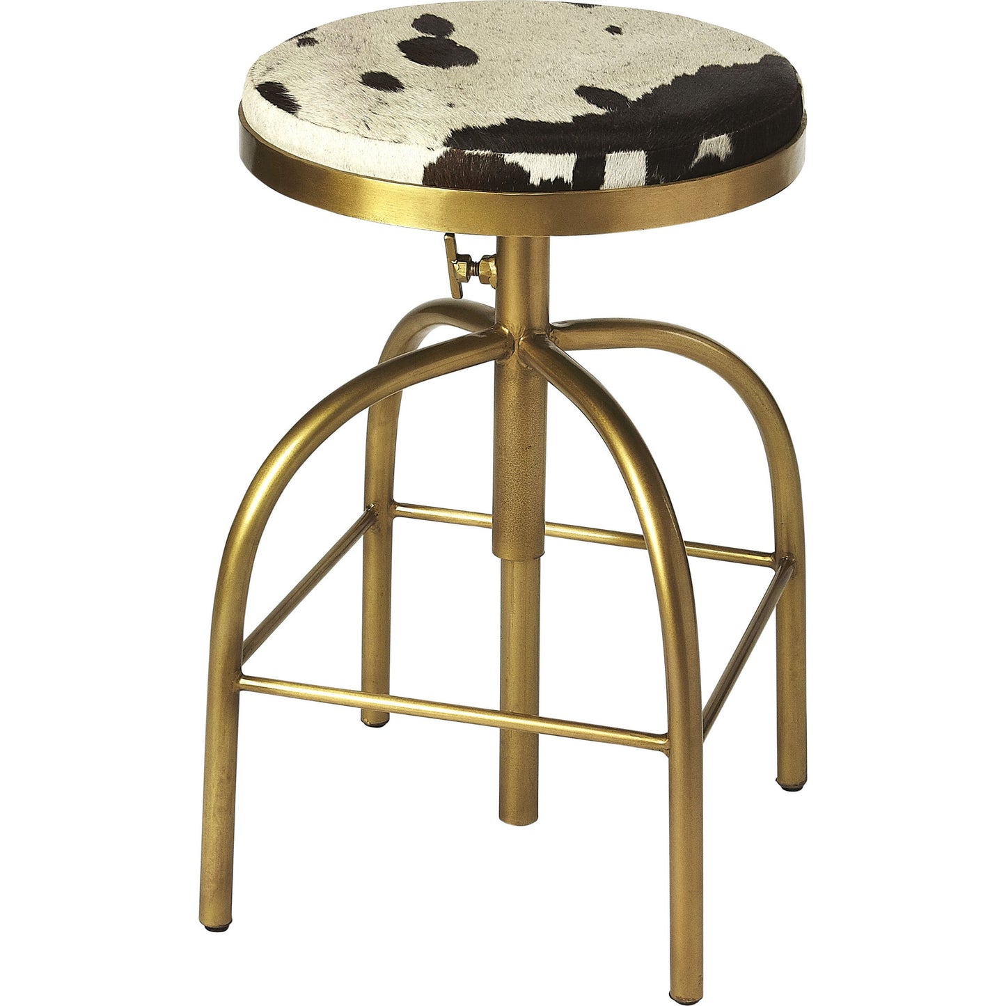 001 S-346251 | Additional Silo | Grogan Hair-On-Hide Barstool by Butler Specialty Company in multi-color and hair-on-hide. Made from iron (gold finish), hair-on-hide, urethane foam (1.75lb. density) in a rustic style.