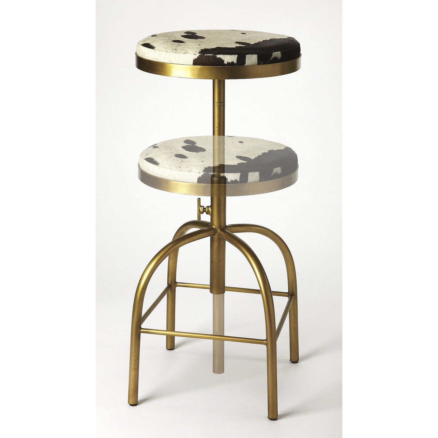 002 S-346251 | Additional Silo | Grogan Hair-On-Hide Barstool by Butler Specialty Company in multi-color and hair-on-hide. Made from iron (gold finish), hair-on-hide, urethane foam (1.75lb. density) in a rustic style.
