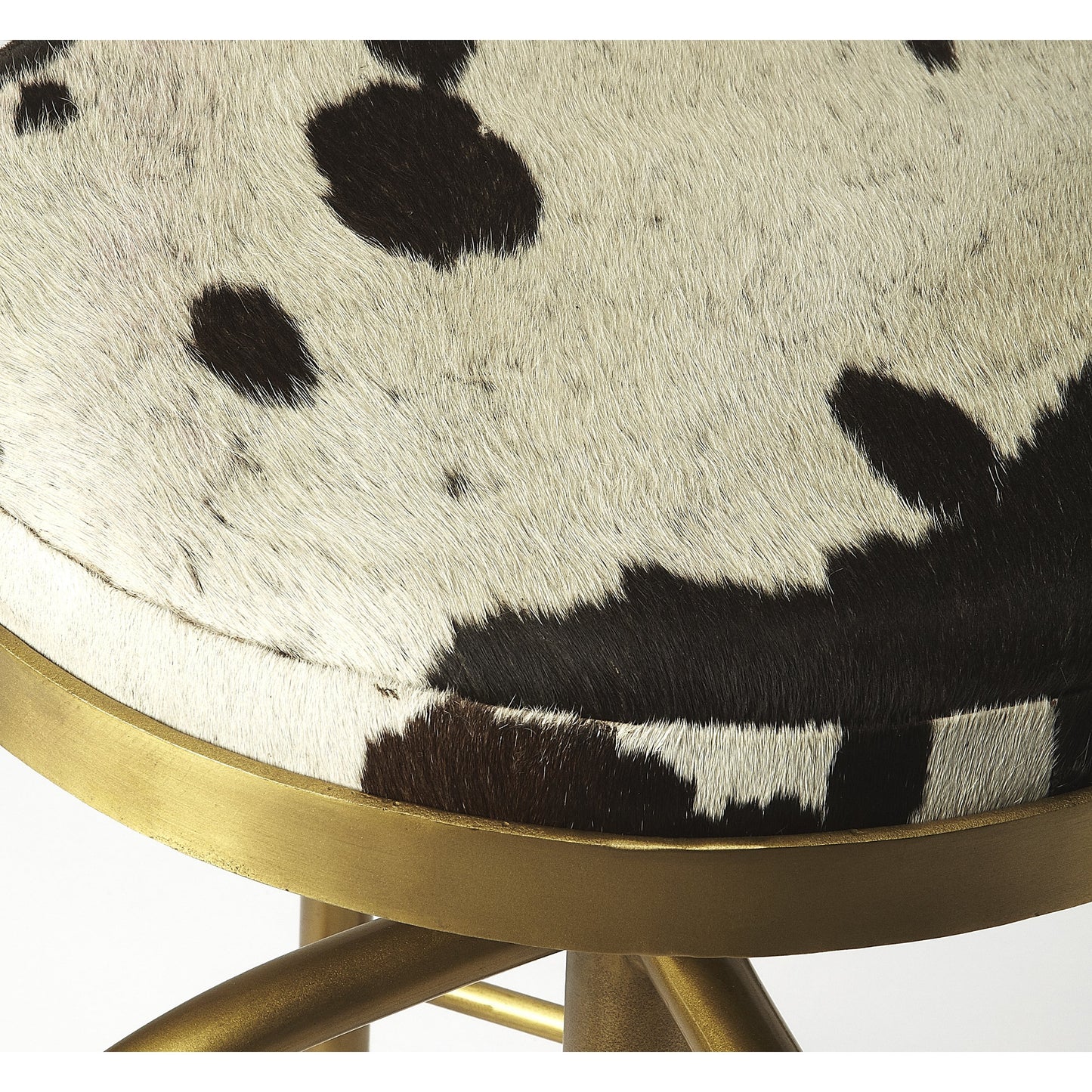 004 S-346251 | Additional Silo | Grogan Hair-On-Hide Barstool by Butler Specialty Company in multi-color and hair-on-hide. Made from iron (gold finish), hair-on-hide, urethane foam (1.75lb. density) in a rustic style.