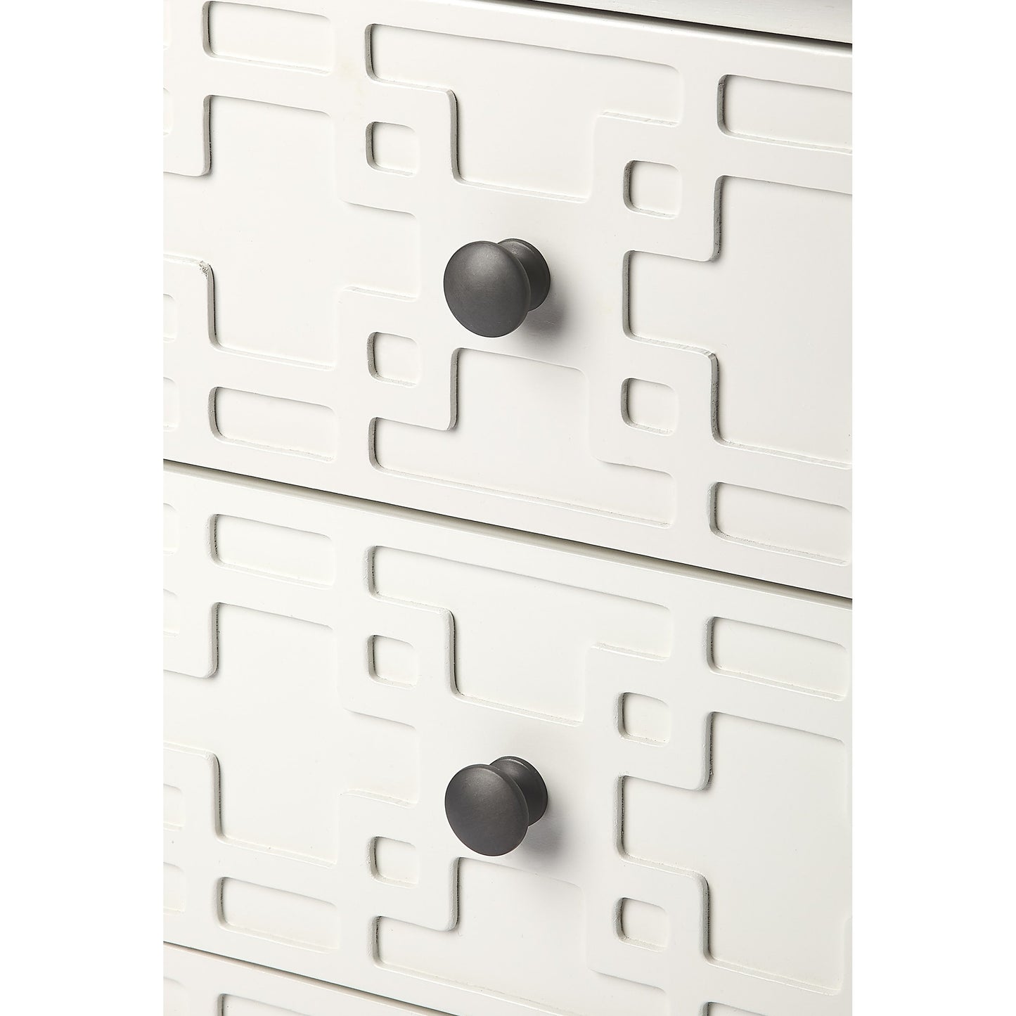 007 S-346275 | Closeup | Kinsley Glossy White Accent Chest by Butler Specialty Company in off white and glossy white. Made from bayur wood solids, mdf, pewter finished steel hardware in a transitional style.