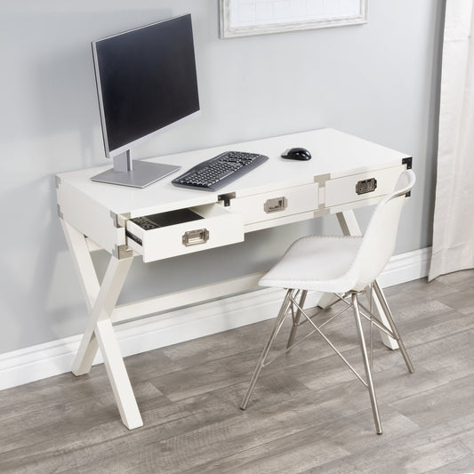 Anew Campaign Desk by Butler Specialty Company in white and white. Made from rubberwood solids, mdf, hardware: silver finished steel in a modern style.