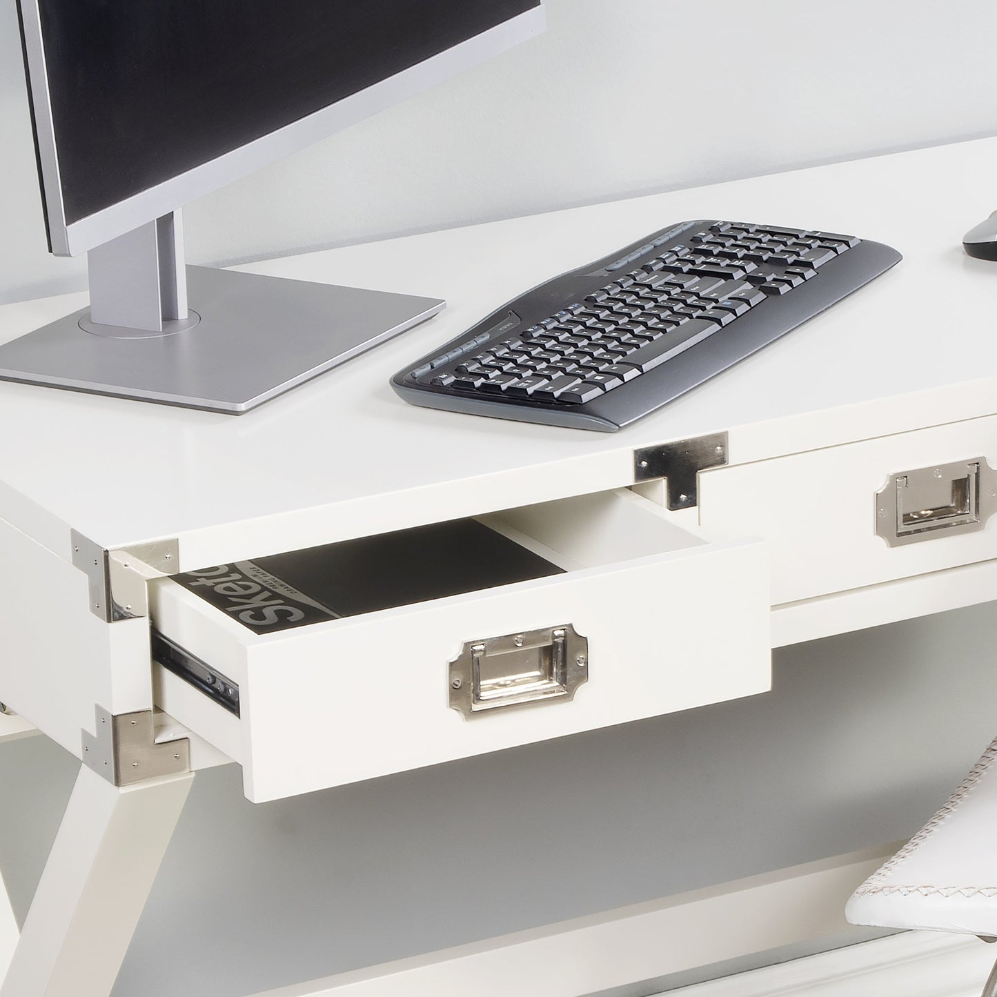 010 S-346147 | Lifestyle | Anew Campaign Desk by Butler Specialty Company in white and white. Made from rubberwood solids, mdf, hardware: silver finished steel in a modern style.