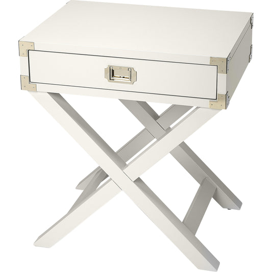 Anew Campaign Side Table by Butler Specialty Company. Made from rubberwood solids, mdf, hardware: silver finished steel in a modern style.