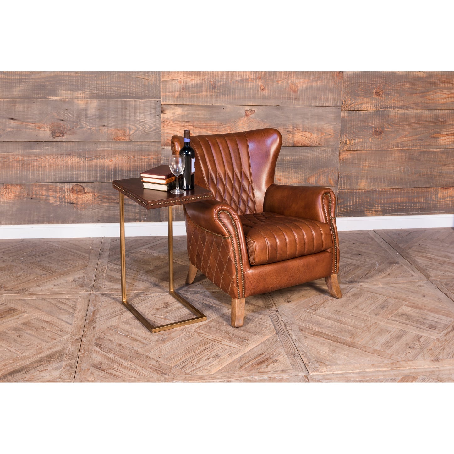 010 SR-857823 | Lifestyle | Laptop Table by Sarreid Ltd. in brown and ant. brown leather ant.brass base. Made from mdf, leather, iron in a transitional style.