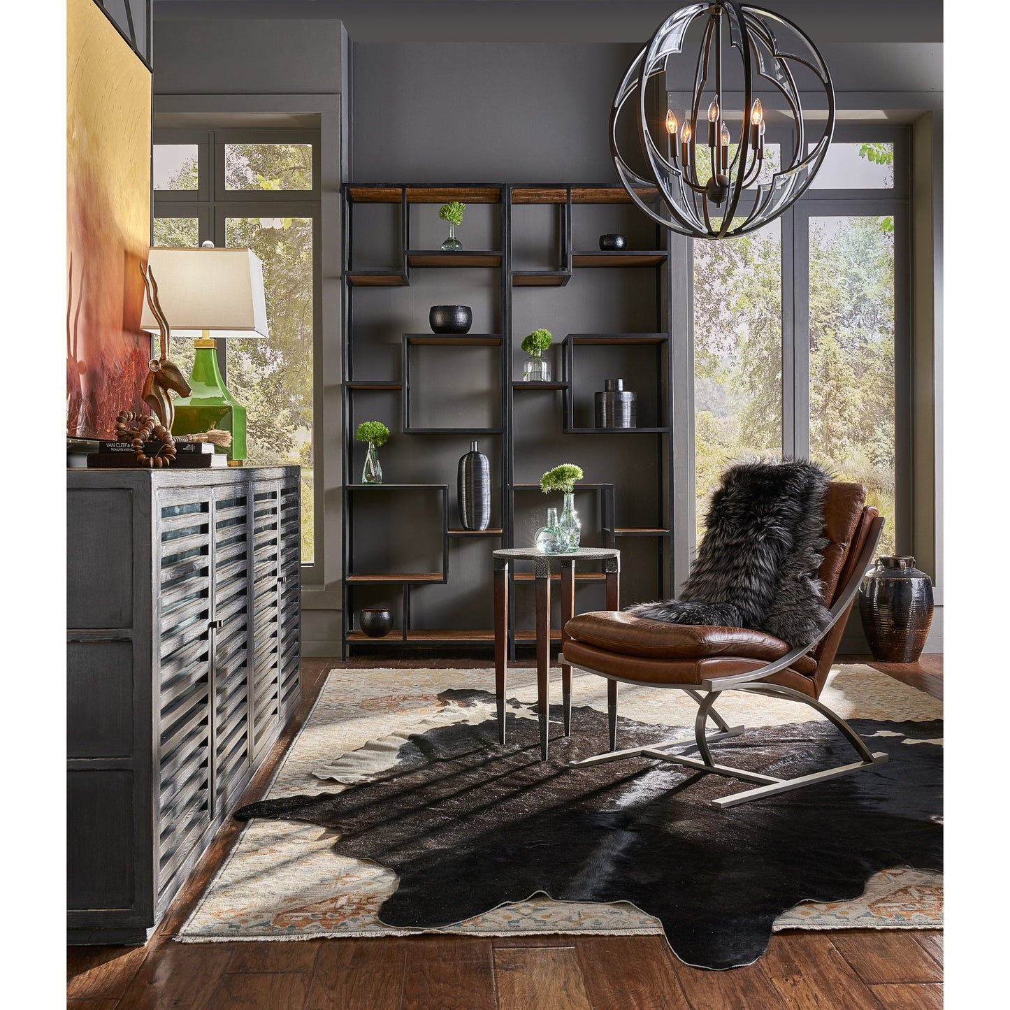 007 SR-858147 | Lifestyle | St Lucia Sideboard by Sarreid Ltd. in black and 4 fixed shelves. Made from pine in a rustic style.