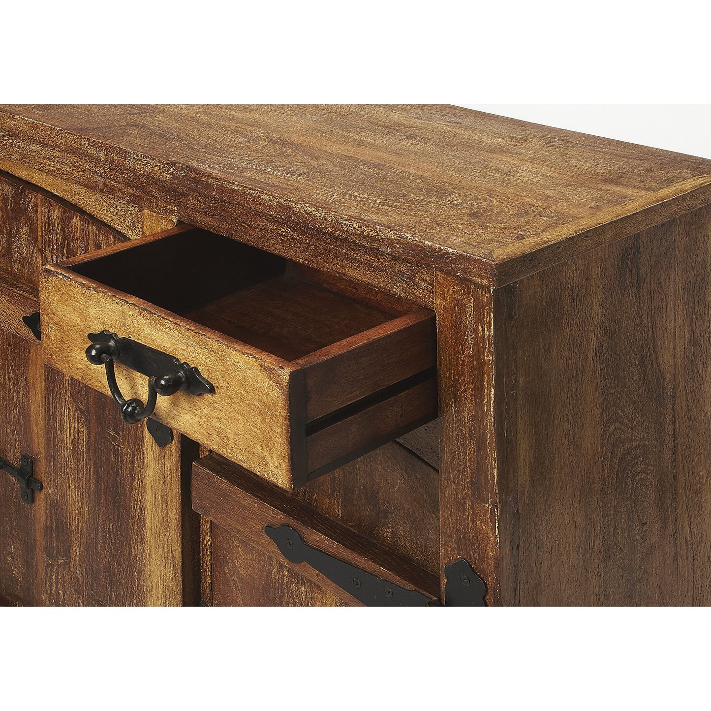 003 S-346243 | Additional Silo | Giddings Rustic Sideboard by Butler Specialty Company in medium brown and mountain lodge. Made from acacia wood solids, black finished iron hardware in a rustic style.