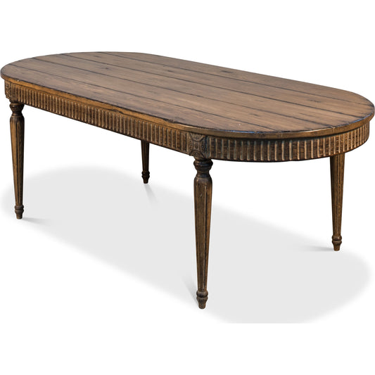 French Antique Reproduction Dining Table by Sarreid Ltd. in tan and time worn sun burned finish. Made from pine in a cottage & farmhouse style.