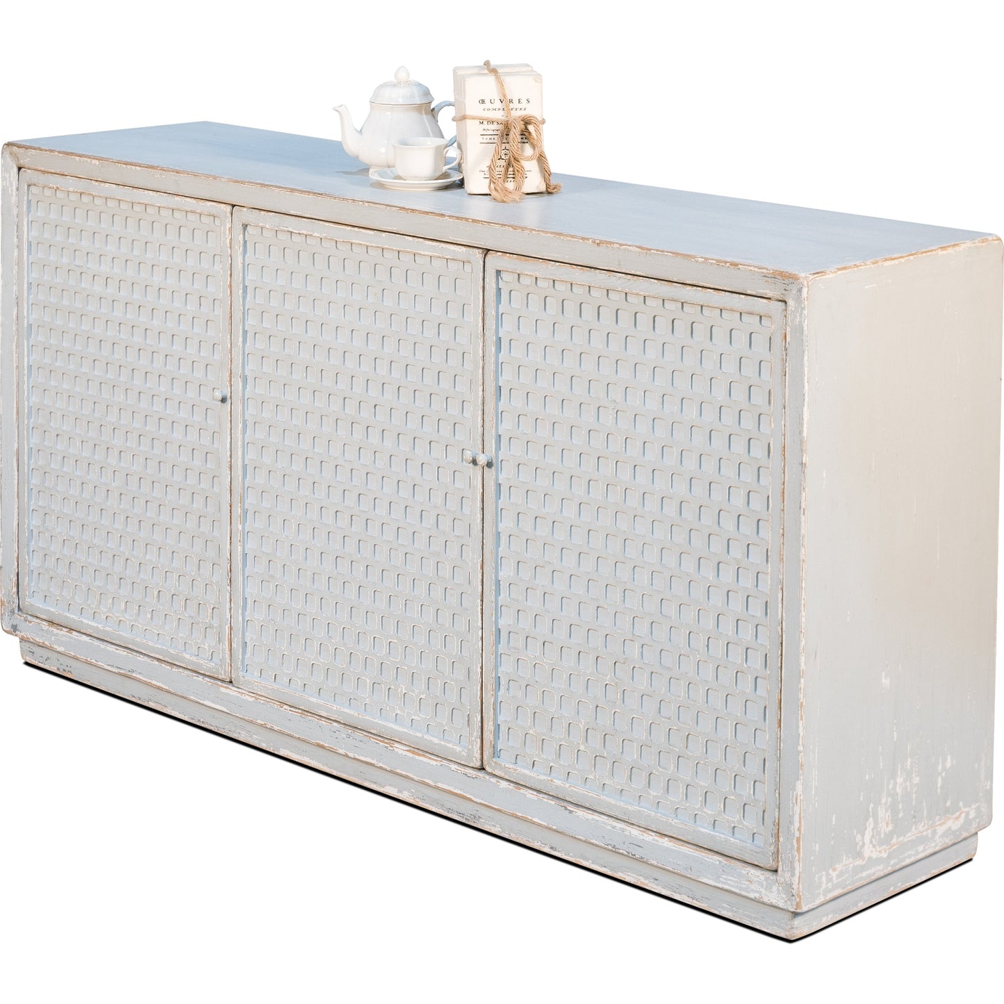 002 SR-857786 | Additional Silo | Honeycomb Front Sideboard by Sarreid Ltd. in gray and 3 removable shelves. Made from pine in a transitional style.