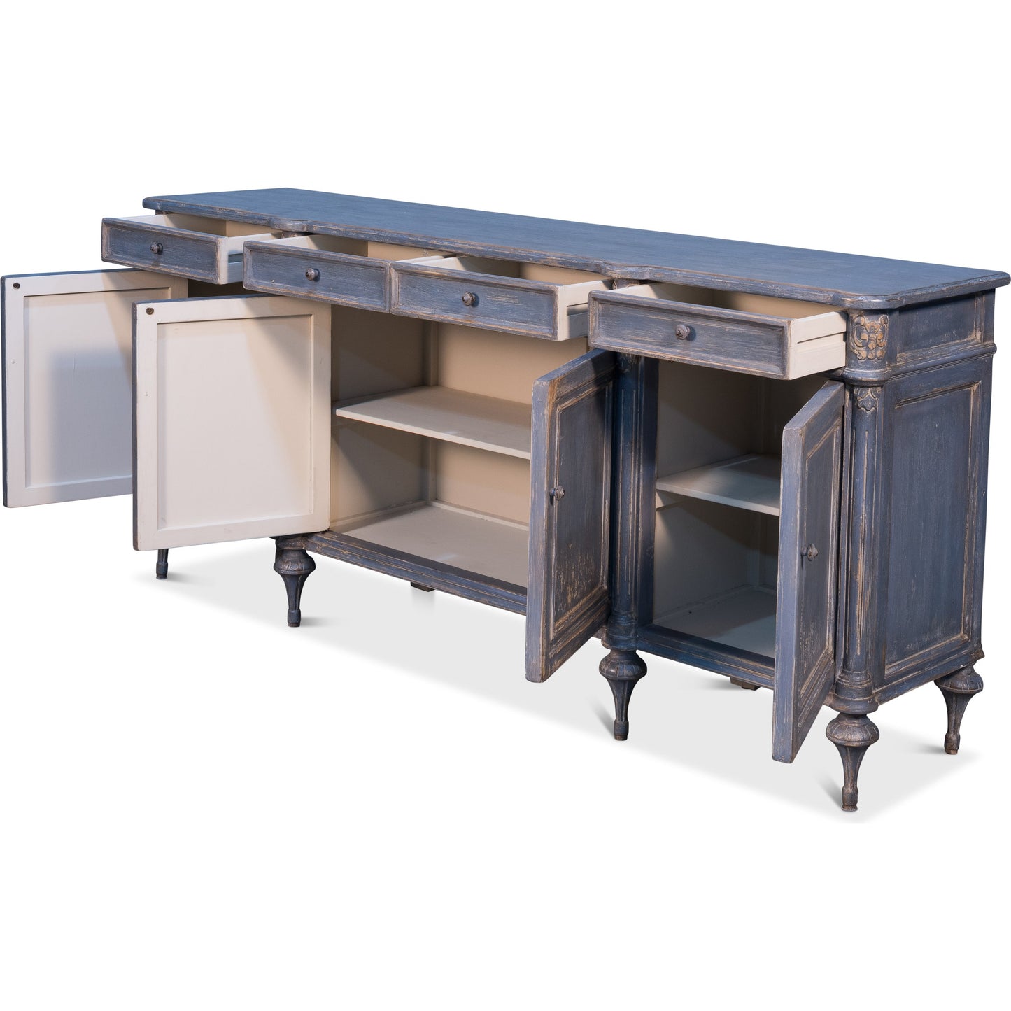 003 SR-857842 | Additional Silo | Lilac Sideboard With Highfeet by Sarreid Ltd. in blue and 4 doors 4 drawers 3 rmvbl shelves. Made from pine in a cottage & farmhouse style.