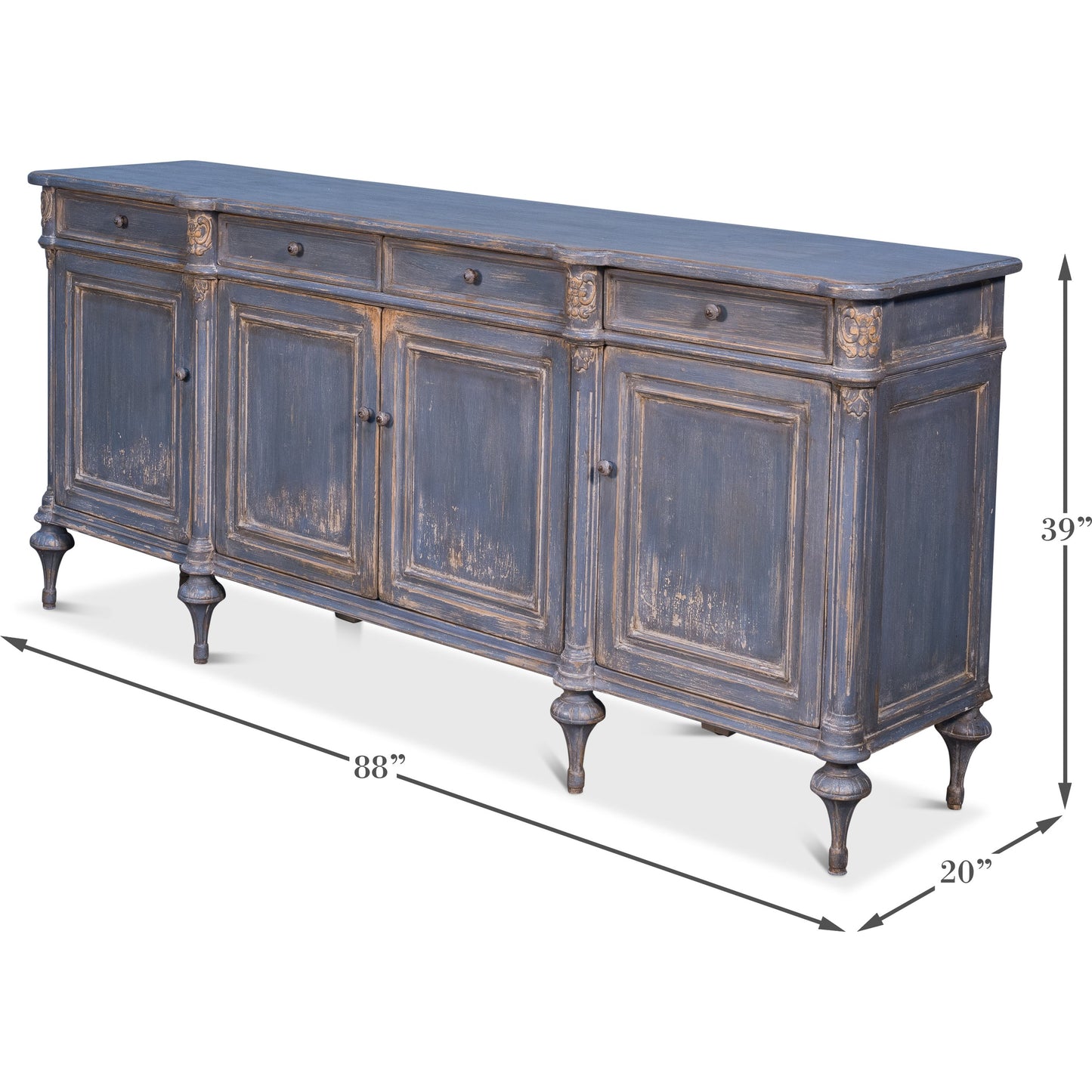 004 SR-857842 | Additional Silo | Lilac Sideboard With Highfeet by Sarreid Ltd. in blue and 4 doors 4 drawers 3 rmvbl shelves. Made from pine in a cottage & farmhouse style.