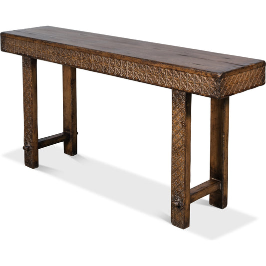 Honeycomb & Cross Console Table by Sarreid Ltd. in brown. Made from pine in a rustic style.