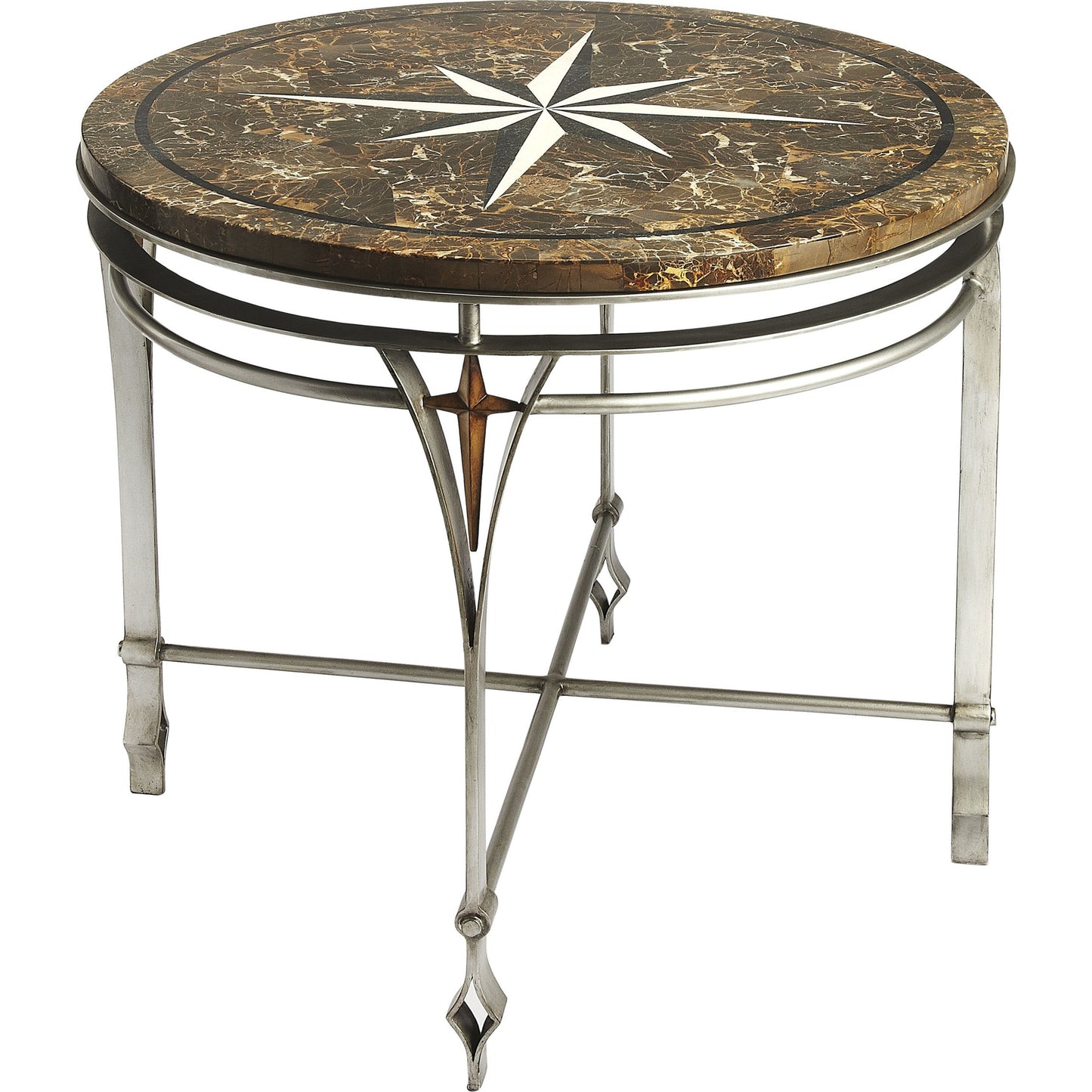 001 S-346359 | Additional Silo | Regina Fossil Stone & Metal Foyer Table by Butler Specialty Company in multi-color and metalworks. Made from silver finished metal base, fossil stone veneers in a traditional style.