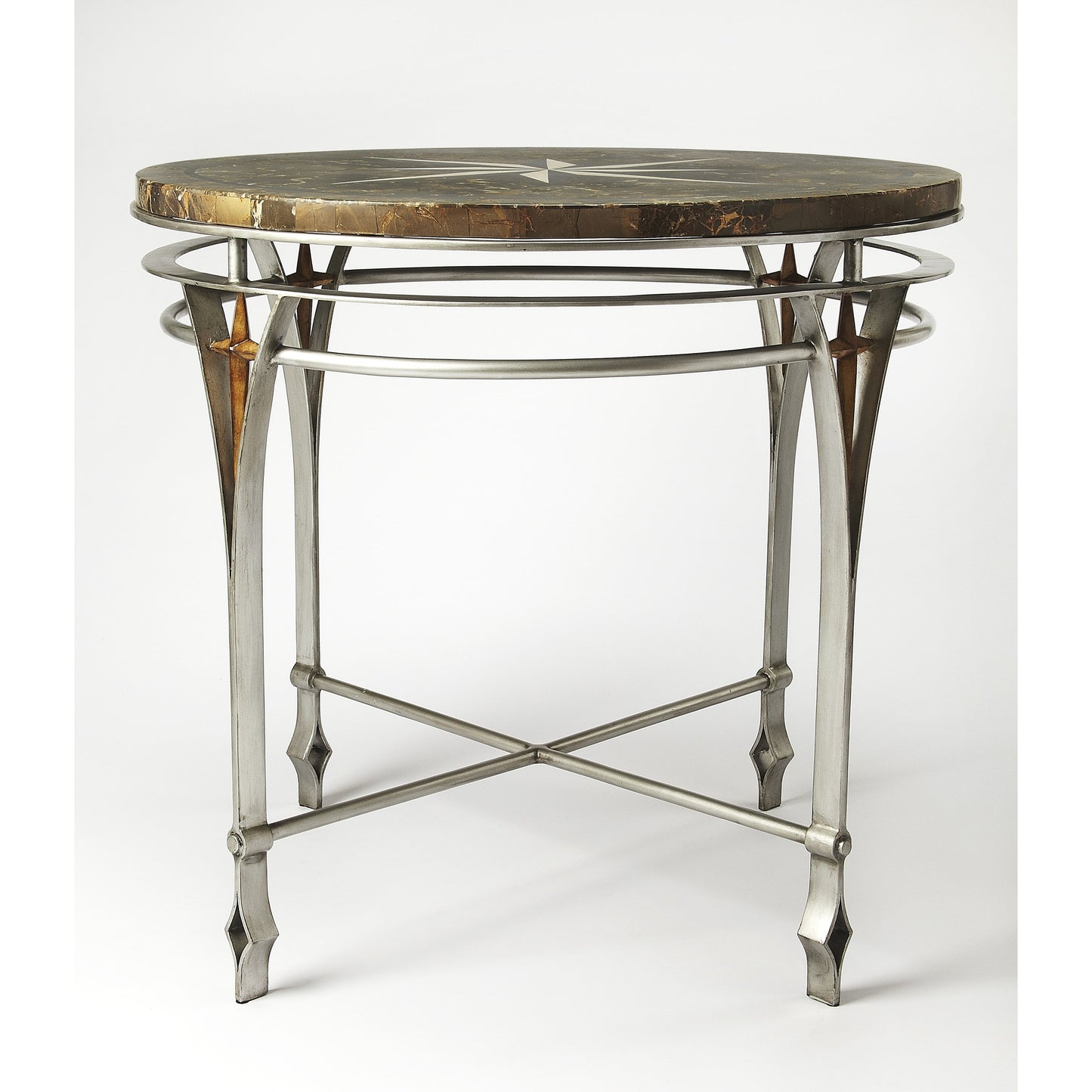 003 S-346359 | Additional Silo | Regina Fossil Stone & Metal Foyer Table by Butler Specialty Company in multi-color and metalworks. Made from silver finished metal base, fossil stone veneers in a traditional style.