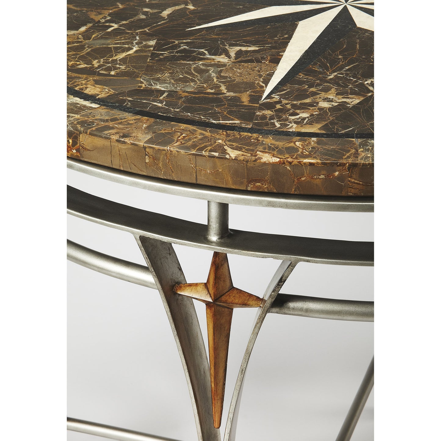 004 S-346359 | Additional Silo | Regina Fossil Stone & Metal Foyer Table by Butler Specialty Company in multi-color and metalworks. Made from silver finished metal base, fossil stone veneers in a traditional style.