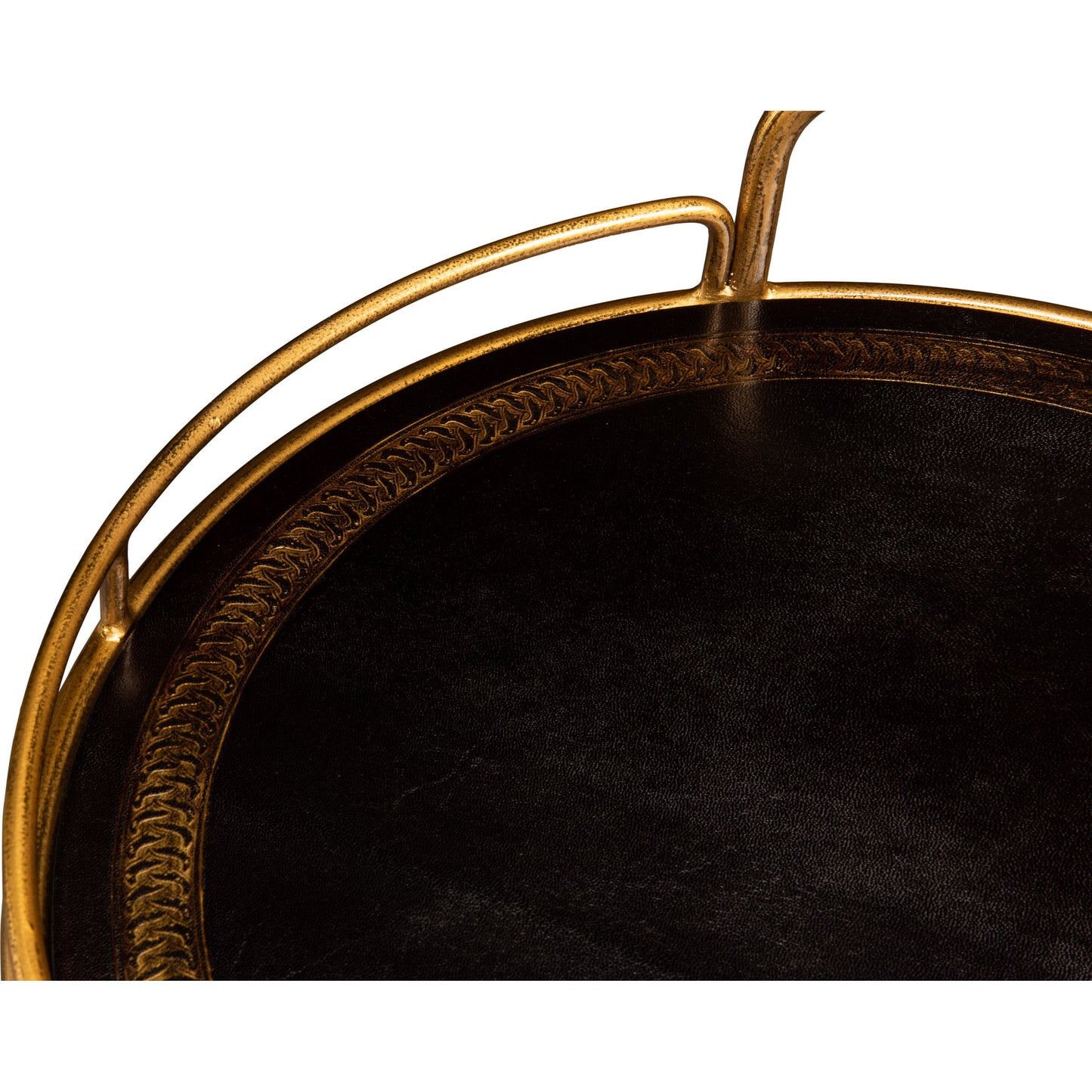 006 SR-858083 | Closeup | Server Side Table by Sarreid Ltd. in brown and hand antiqued leather. Made from leather, iron in a transitional style.