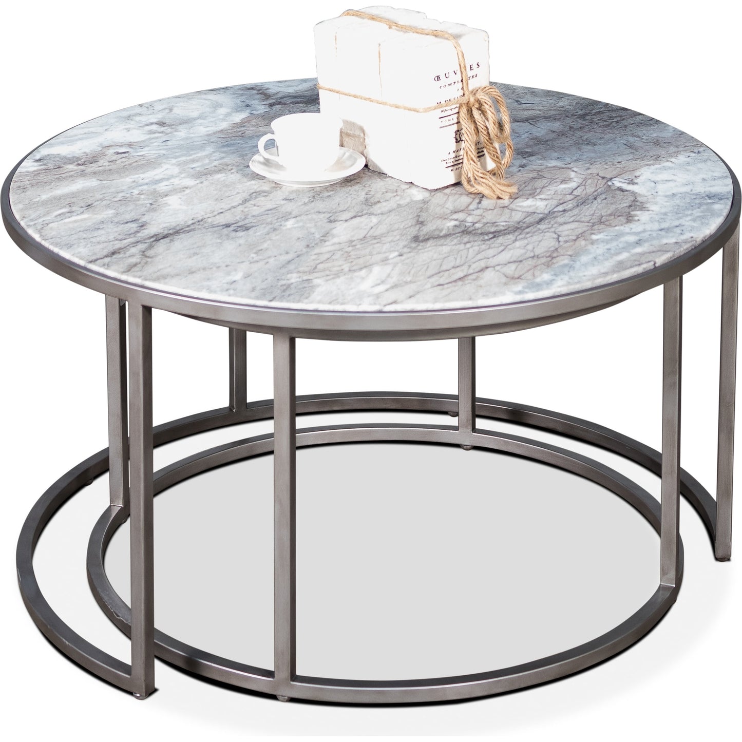 002 SR-858084 | Additional Silo | Set Of 2 Round Marble Top Nesting Tables by Sarreid Ltd. in silver and silver antique finish. Made from marble, iron in a modern style.