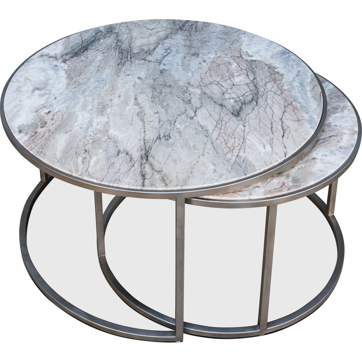 004 SR-858084 | Additional Silo | Set Of 2 Round Marble Top Nesting Tables by Sarreid Ltd. in silver and silver antique finish. Made from marble, iron in a modern style.