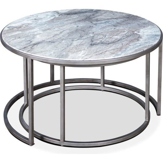 Set Of 2 Round Marble Top Nesting Tables by Sarreid Ltd. in silver and silver antique finish. Made from marble, iron in a modern style.