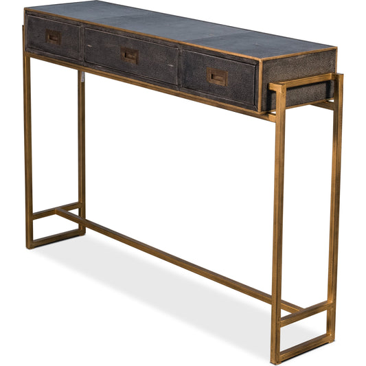 Shagreen Gold & Gray Console by Sarreid Ltd. in natural and 3 drawers. Made from leather, iron in a transitional style.