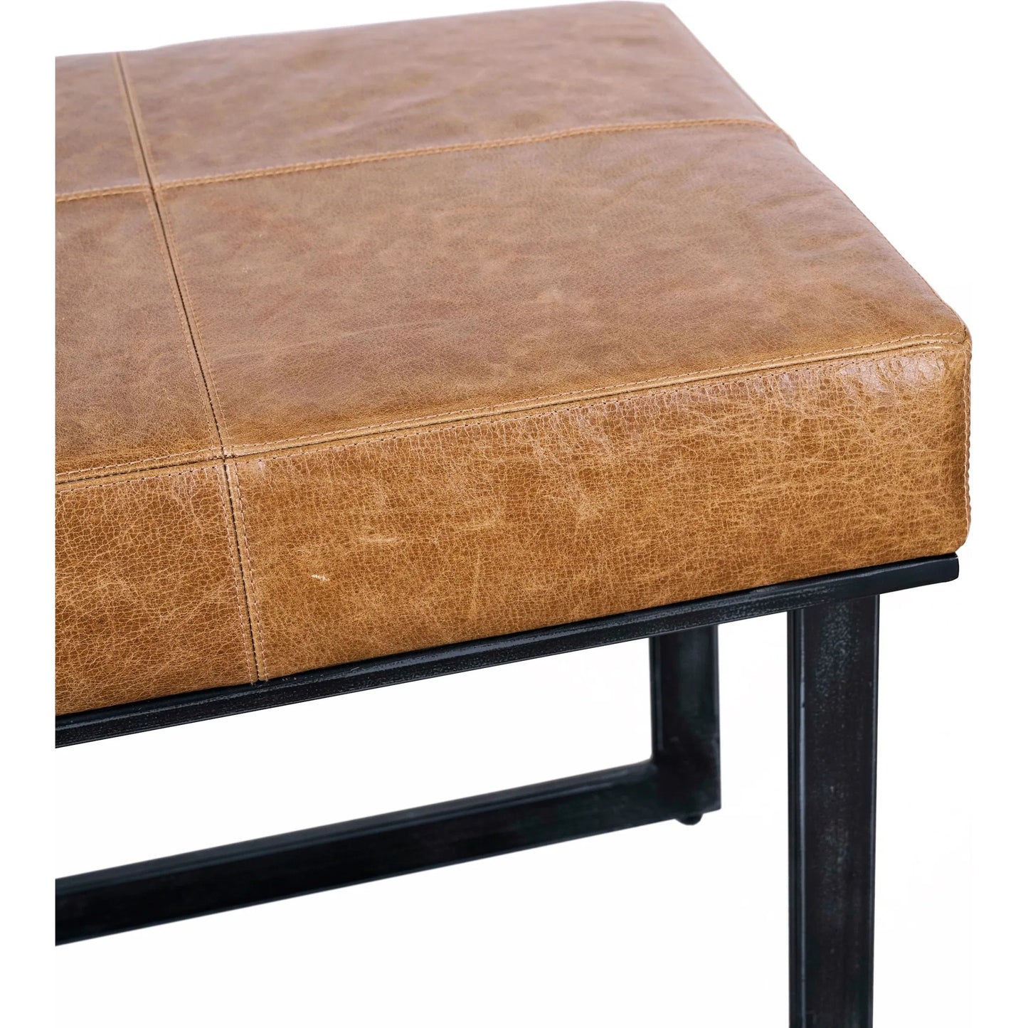 005 SI-2160312 | Closeup | Calvin Narrow Bench by Classic Home in chestnut, black. Made from 100% top grain leather, tube iron in a modern style.