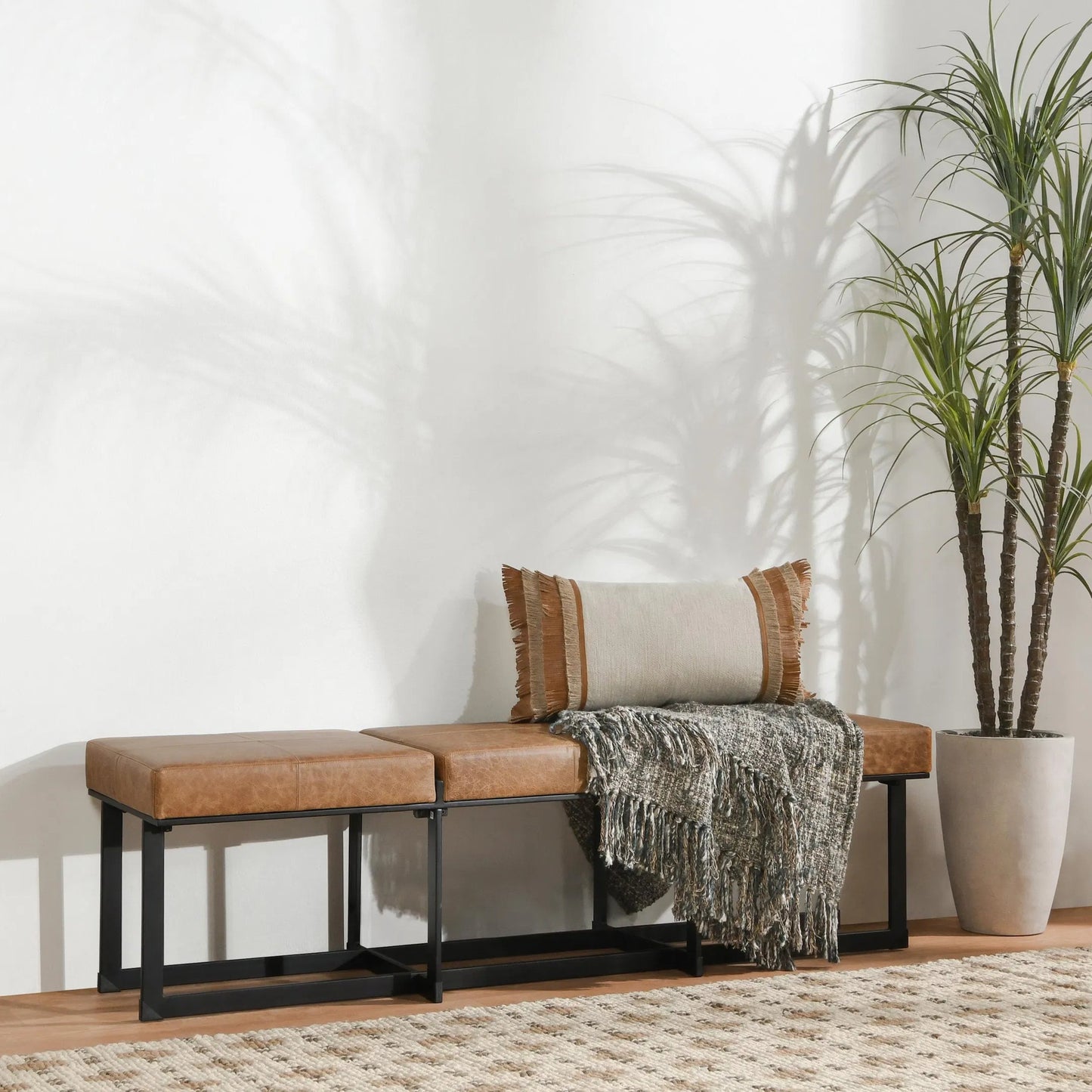 007 SI-2160312 | Lifestyle | Calvin Narrow Bench by Classic Home in chestnut, black. Made from 100% top grain leather, tube iron in a modern style.