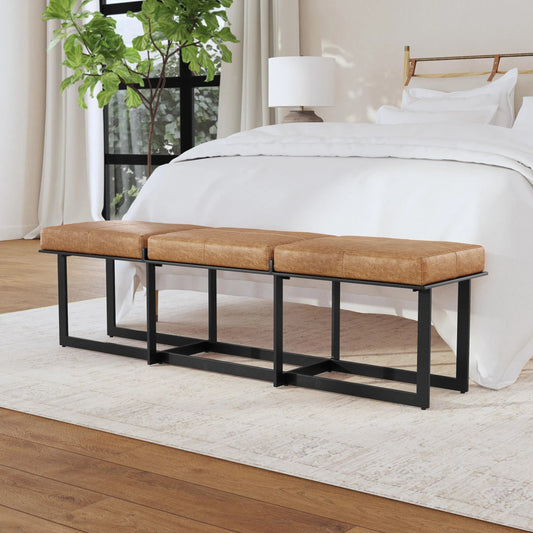 Calvin Narrow Bench by Classic Home in chestnut, black. Made from 100% top grain leather, tube iron in a modern style.