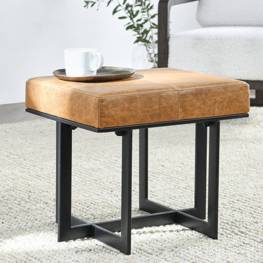 Calvin Stool by Classic Home in chestnut, black. Made from 100% top grain leather, tube iron in a transitional style.
