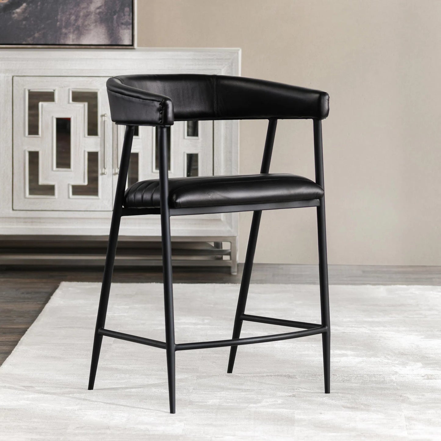 009 SI-2238871 | Lifestyle | Preston 26" Top Grain Leather Counter Stool Chair by Classic Home in jet black. Made from top grain leather, iron in a modern style.