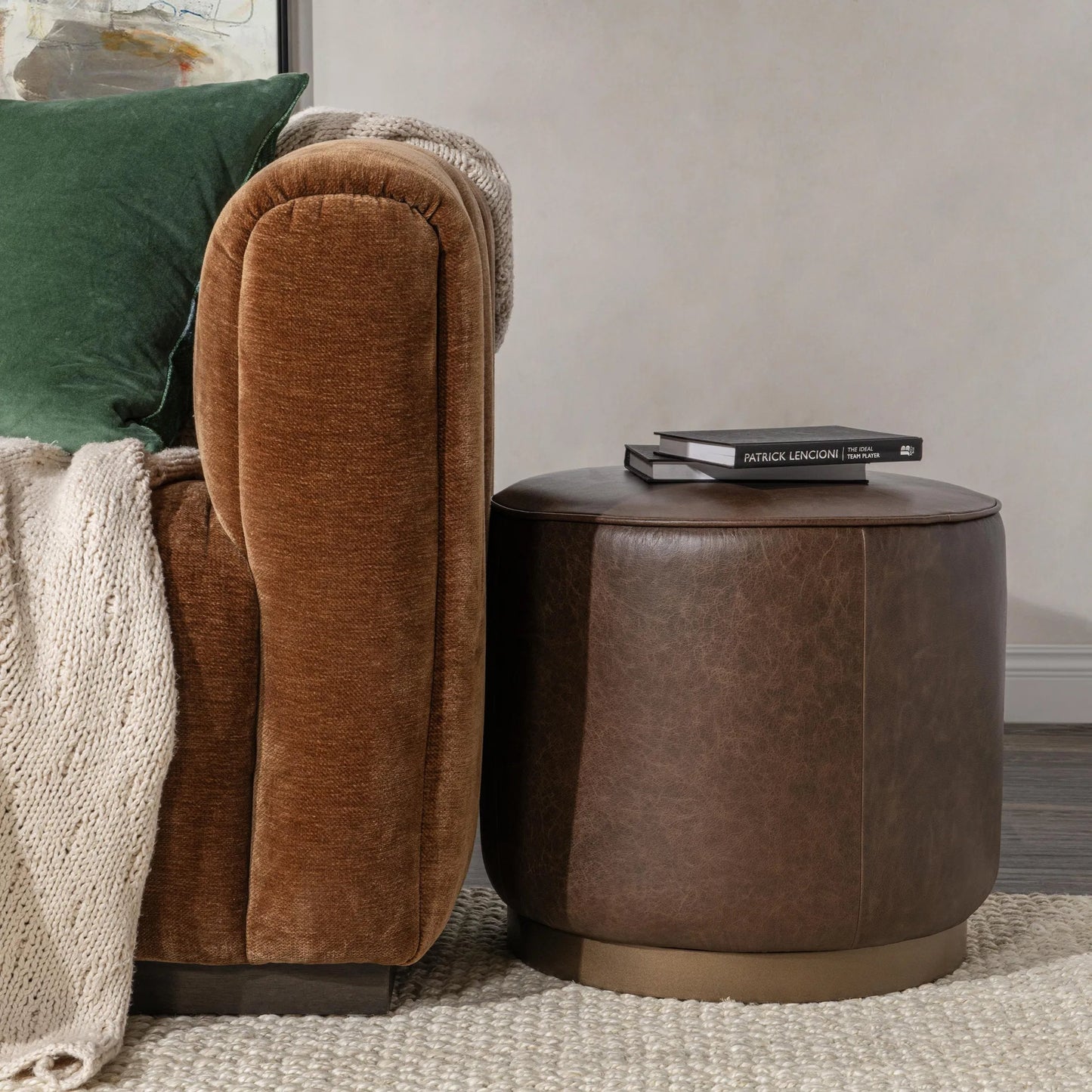 006 SI-2353739 | Closeup | Clair Leather Round End Table by Classic Home in brown, brass. Made from top grain leather in a unique style.